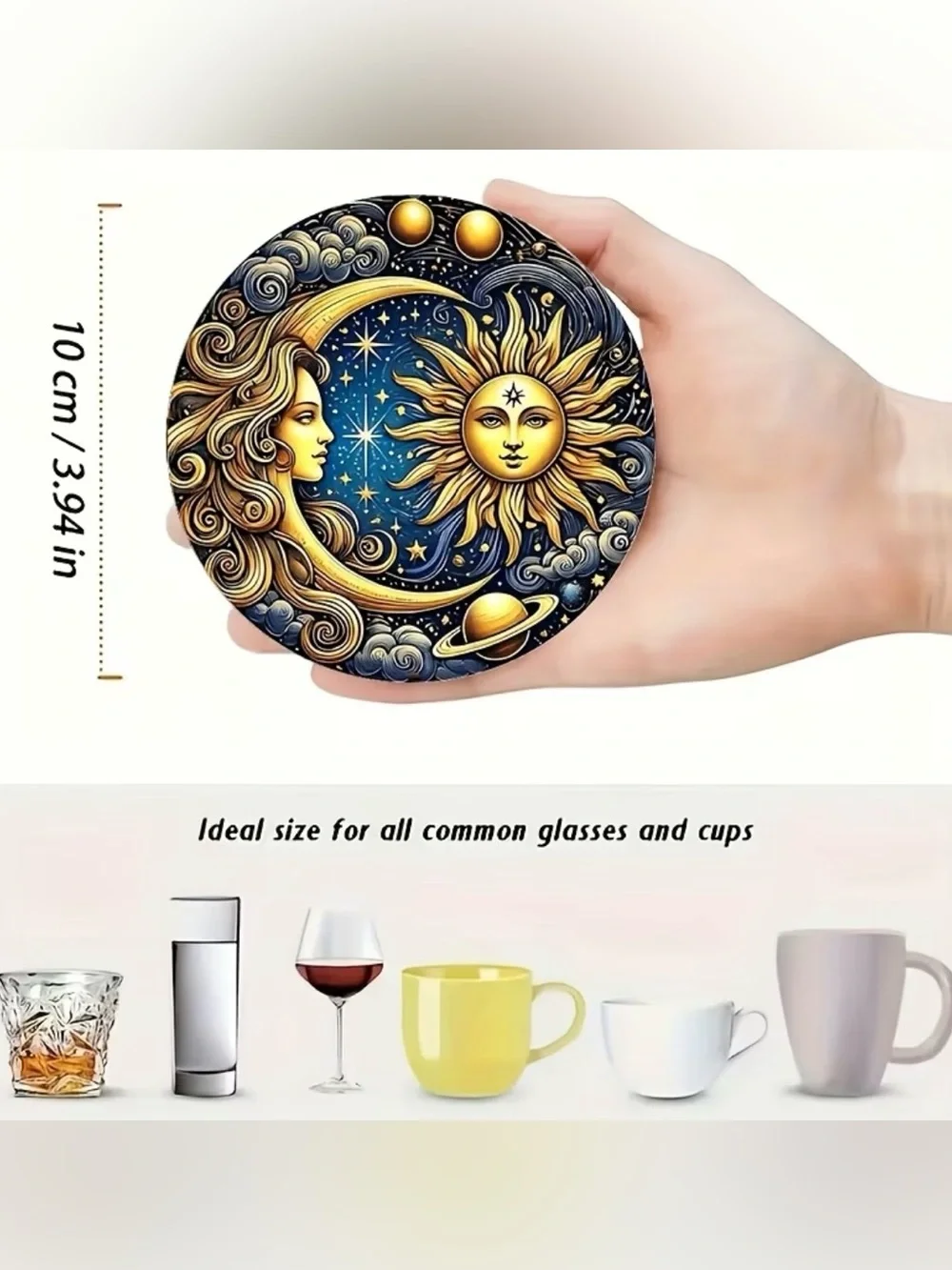 8 Piece Celestial Sun & Moon Round Drink Coasters – Multicolor Set